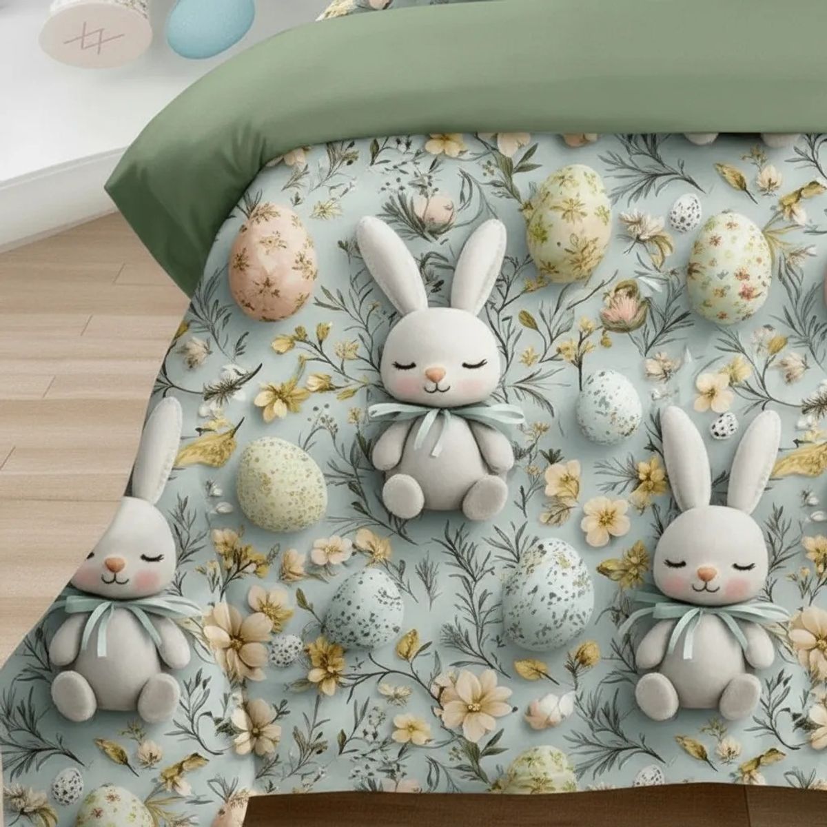 GENERICO - CUBRECAMA 1.5 PLAZA DISEÑO CONEJITO DE PASCUA 5D TELA QUILT VERANO TF