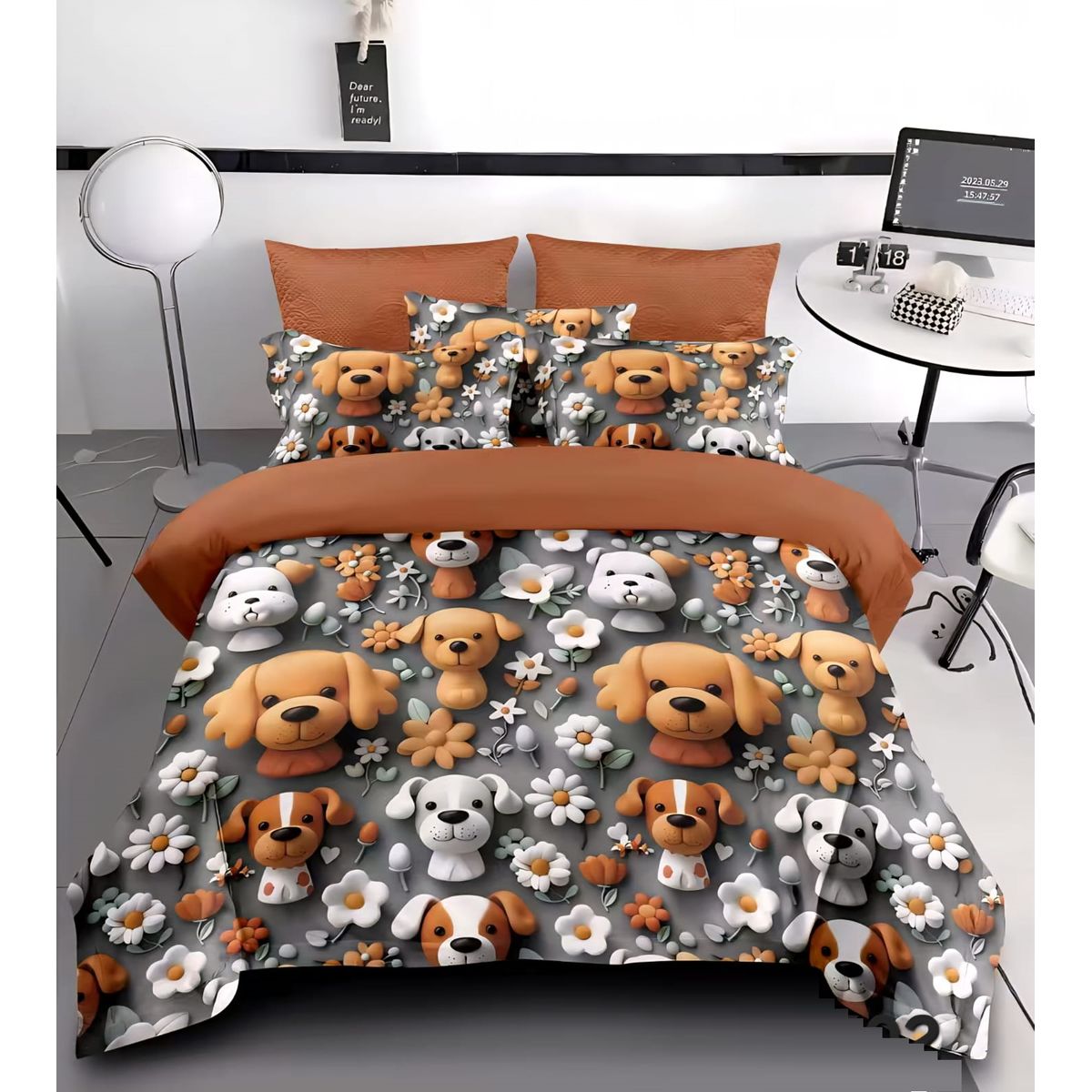 GENERICO - CUBRECAMA 5D 1.5 PLAZA CON TIERNO PERRITOS CAFE  TELA QUILT VERANO TF