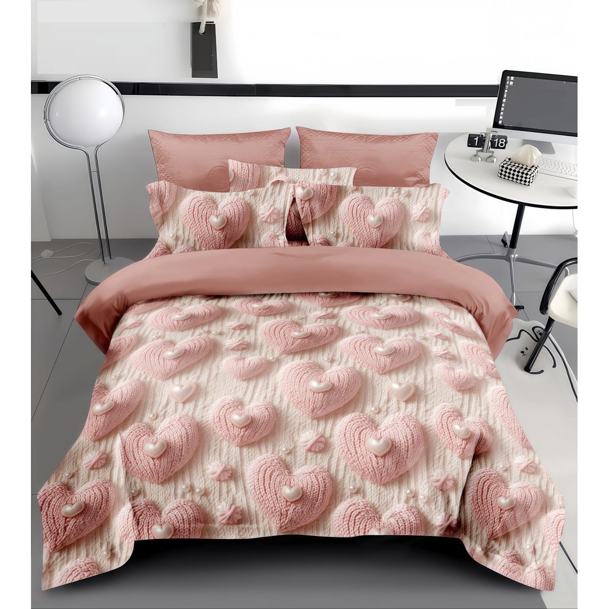 GENERICO - CUBRECAMA 5D 1.5 PLAZA CON TIERNO DISEÑO ROSA CORAZON TEJIDO TELA QUILT VERANO TF
