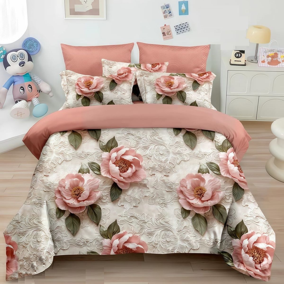 GENERICO - CUBRECAMA 5D 2 PLAZA CON DISEÑO ROSAS ROSA TELA QUILT VERANO TF
