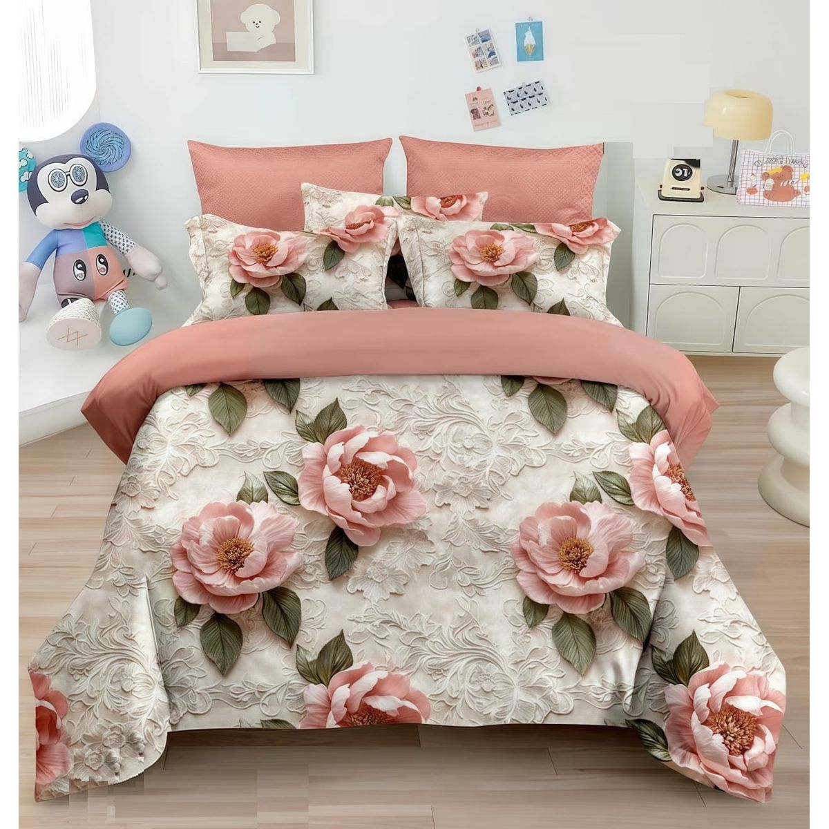 GENERICO - CUBRECAMA 5D 2 PLAZA CON DISEÑO ROSAS ROSA TELA QUILT VERANO TF