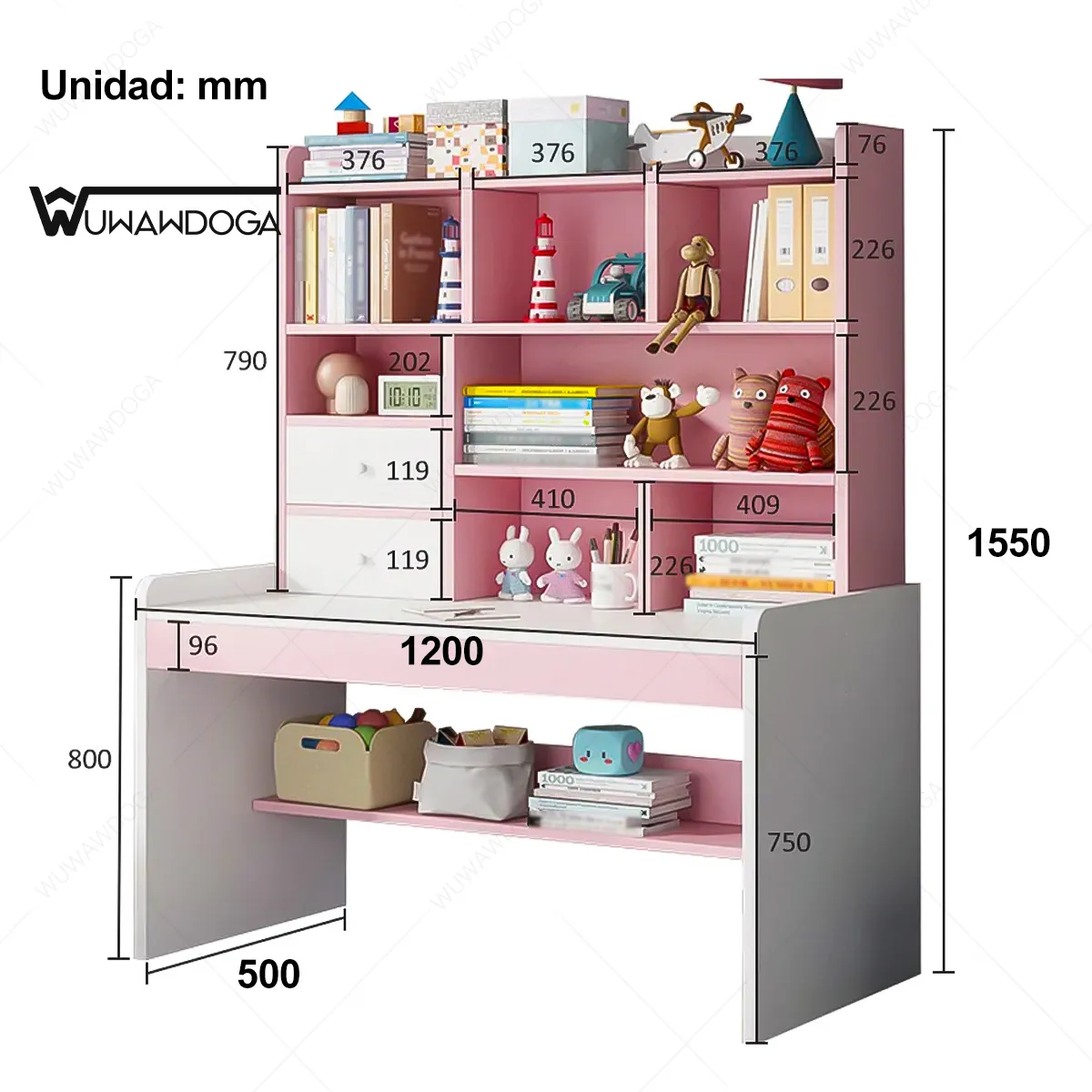 WUWAWDOGA - Escritorio Con Cajones Estanteria Para Libros Y Organizador 120CM ROSA