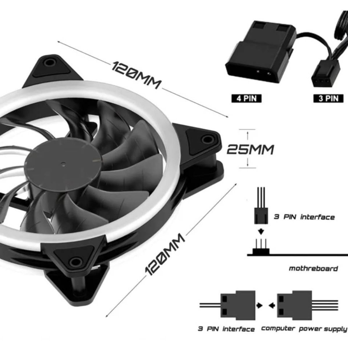 GENERICO - Pack de 2 Ventiladores Cooler Luz Led Rgb 12cm Gamer Gabinete Multicolor