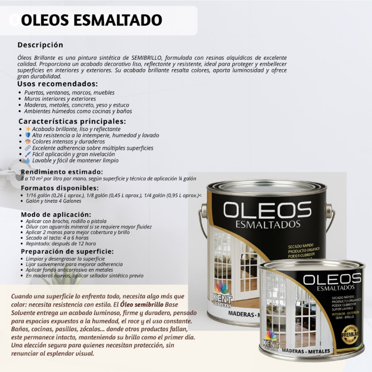 KENT - OLEO ESMALTADO PREMIUM - MULTISUPERFICIES - MEDIO GALON BLANCO PERFECTO