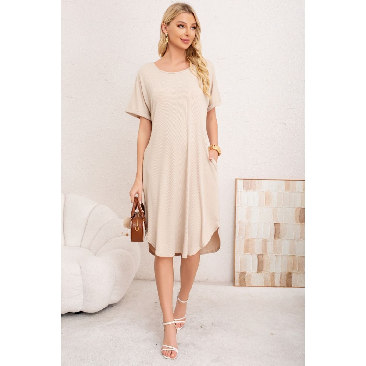 LIKE SHOP - Vestido Midi Mujer Casual Cuello Redondo Bolsillos Colores 3377