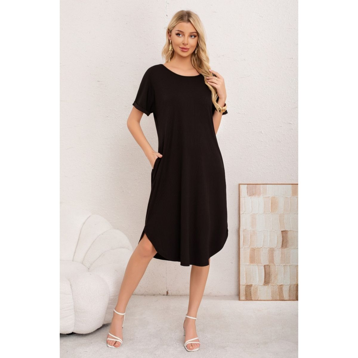 LIKE SHOP - Vestido Midi Mujer Casual Cuello Redondo Bolsillos Colores 3377