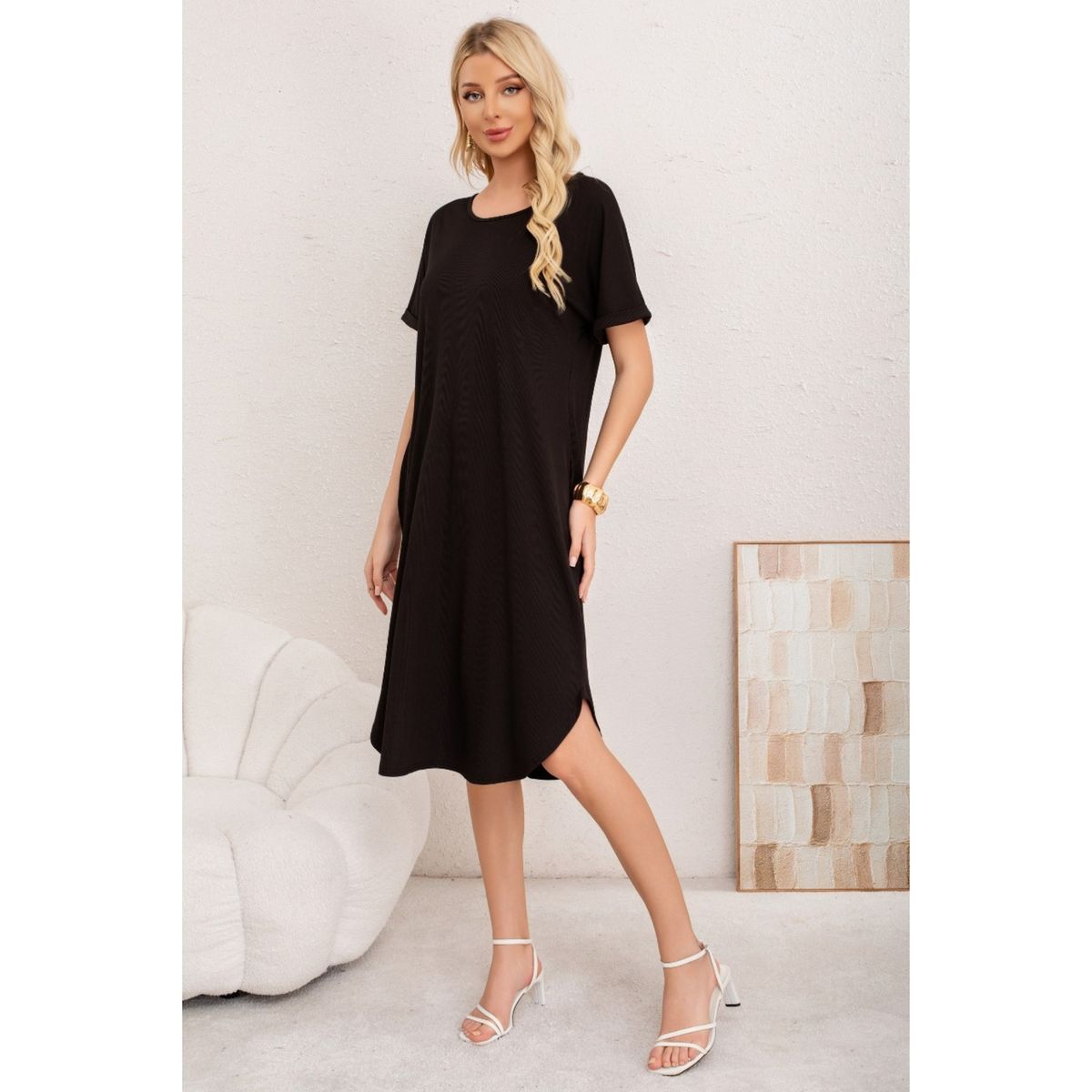 LIKE SHOP - Vestido Midi Mujer Casual Cuello Redondo Bolsillos Colores 3377