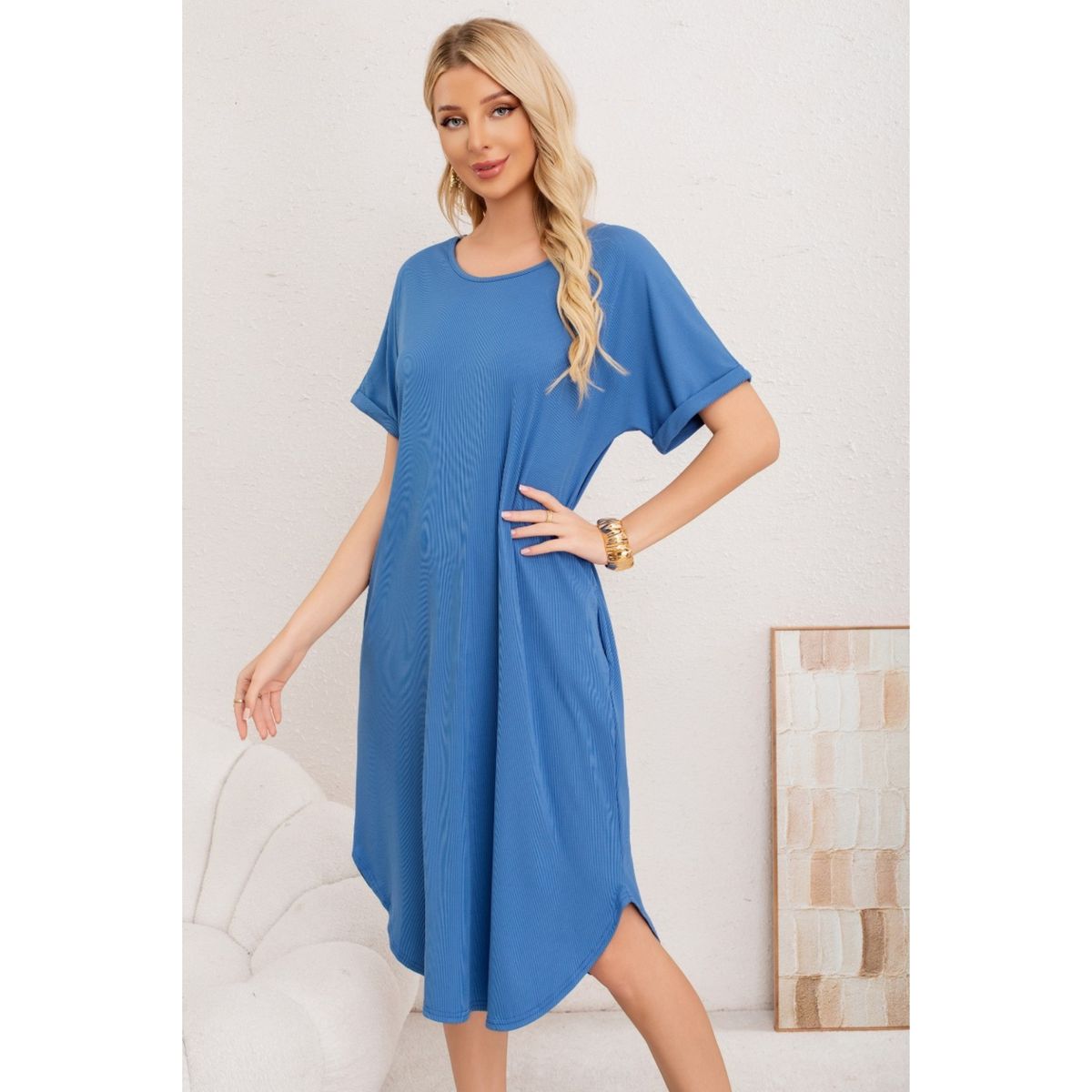 LIKE SHOP - Vestido Midi Mujer Casual Cuello Redondo Bolsillos Colores 3377