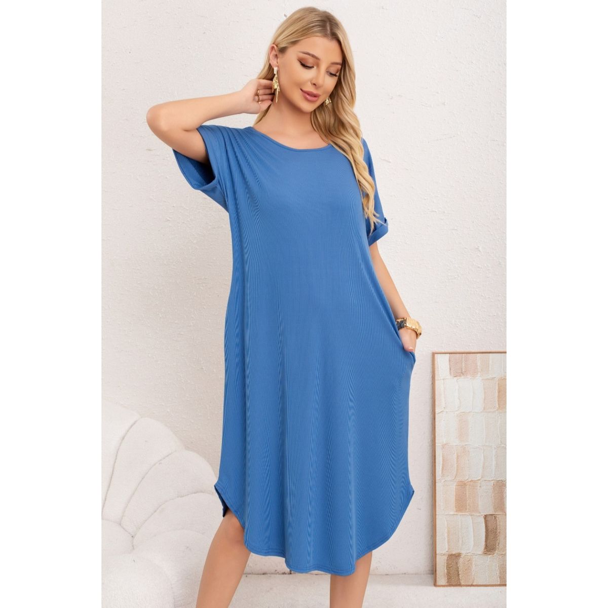 LIKE SHOP - Vestido Midi Mujer Casual Cuello Redondo Bolsillos Colores 3377