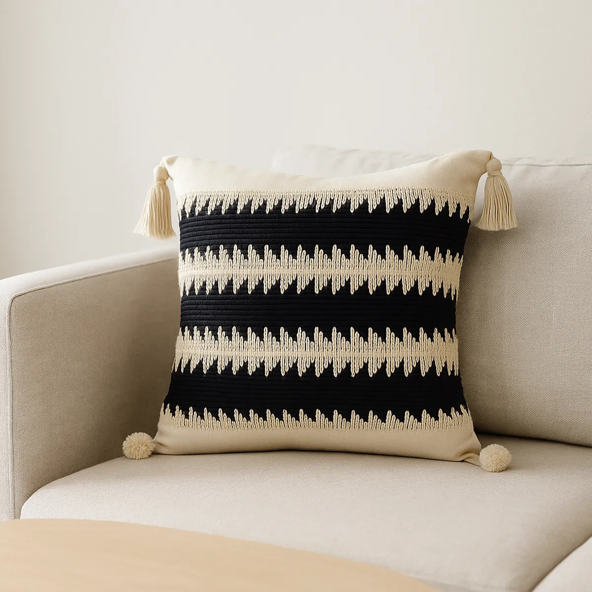 ARMONIA - Funda Negra Decorativa Boho con Borlas Elegante 786