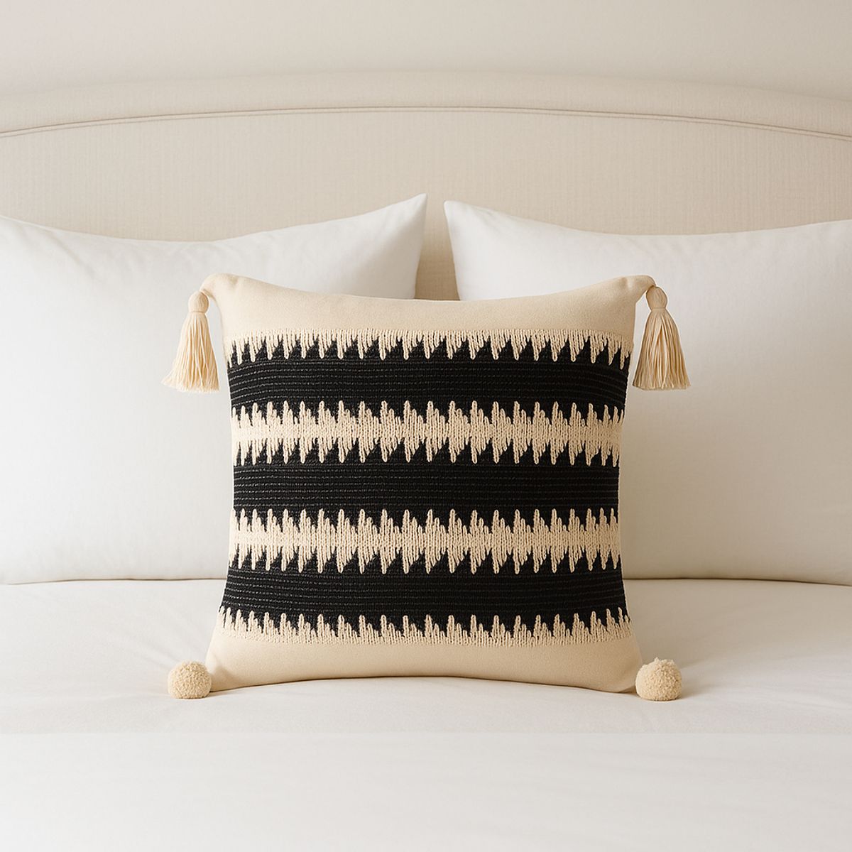 ARMONIA - Funda Estilo Boho Negra con Borlas Decorativa Moderna 786