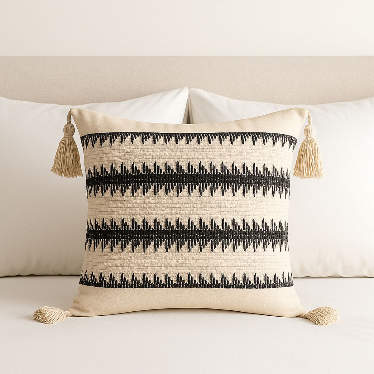 ARMONIA - Funda Estilo Boho Beige con Borlas Decorativa Moderna 786