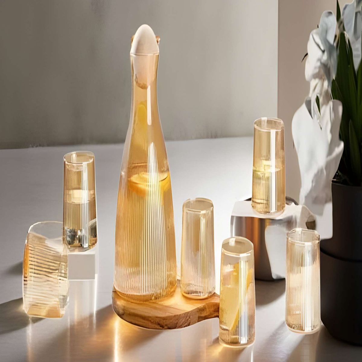 GENERICO - SET DE JARRA MAS 6 VASOS AMBAR