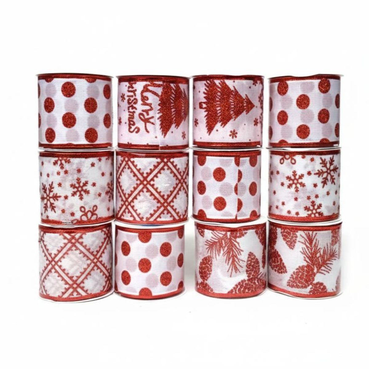 WAKESHOME - Pack 12 Mallas Navidad Cinta Decorativa De árbol 6,3cm*2,7mts Multicolor Geométrico