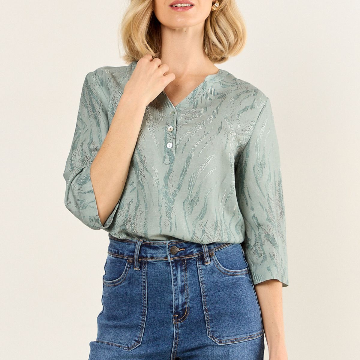 MA GRIFFE - Blusa Lino Estampada Mujer Avellana Magriffe