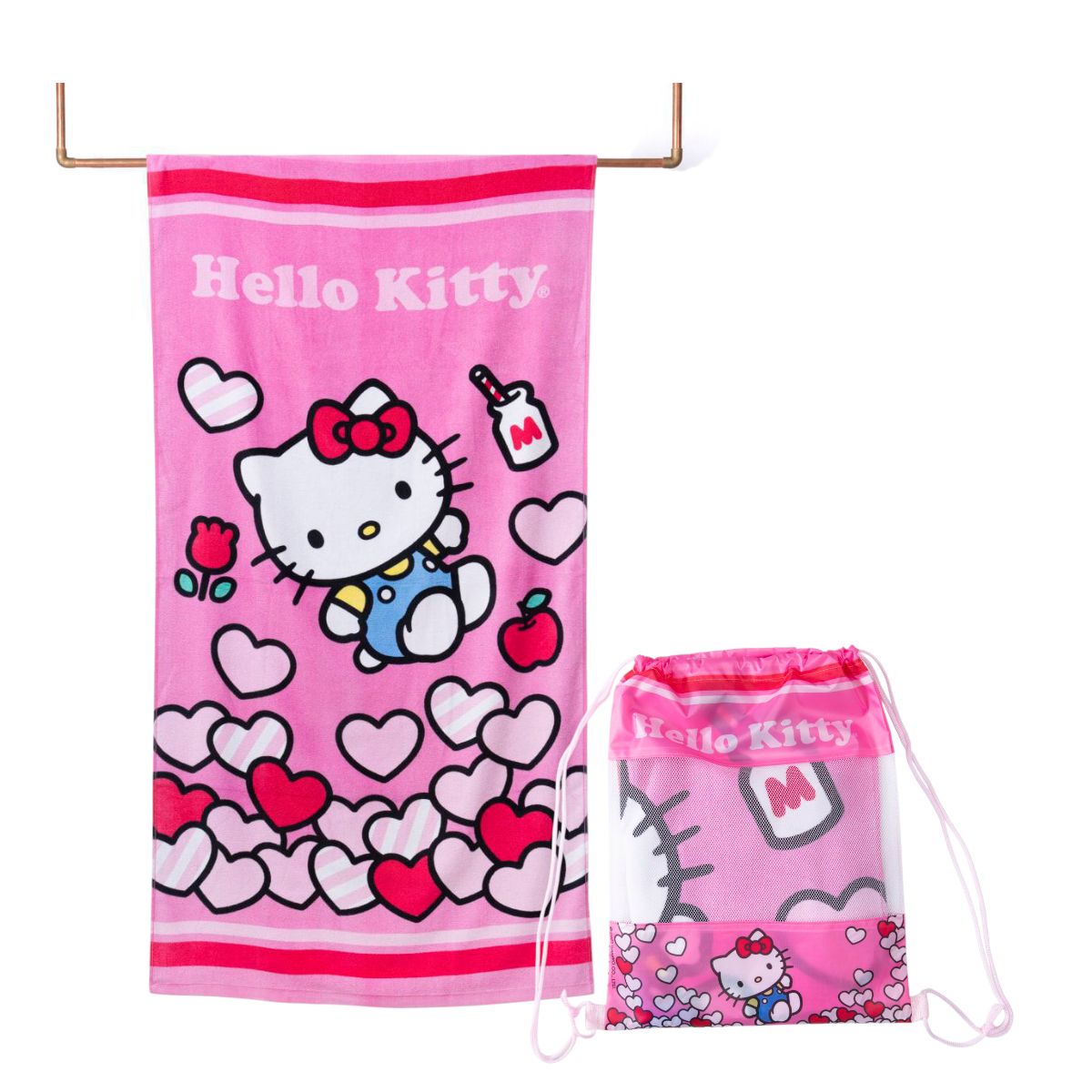 MASHINI - TOALLA DE PLAYA ALGODON CON BOLSO HELLO KITTY LOVE SANRIO INFANTIL
