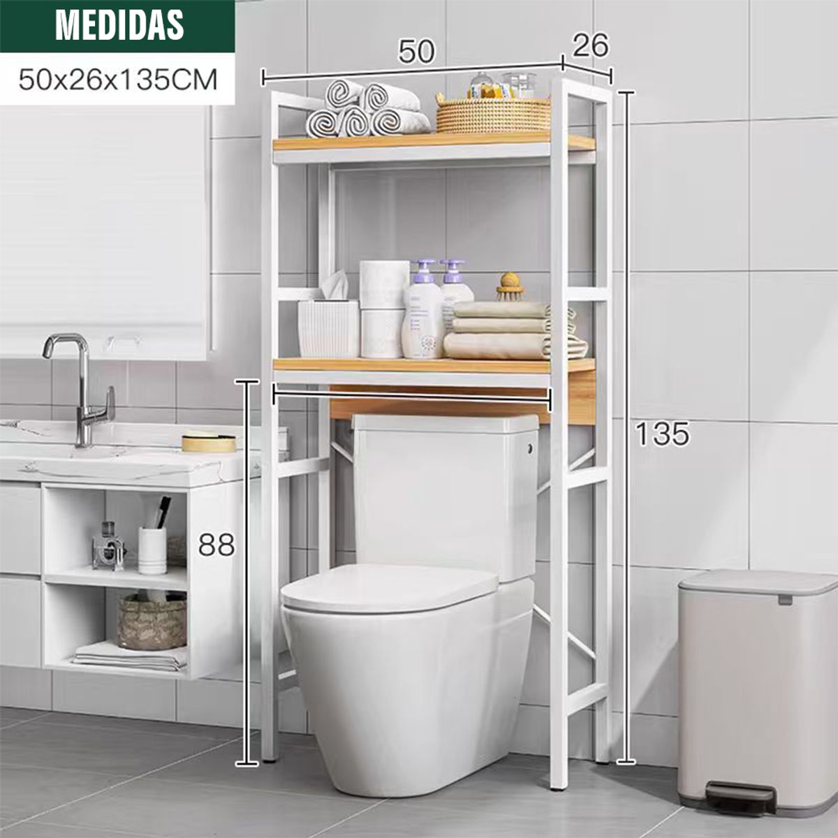 CASA BELLA - Organizador de 2 Repisa Baño 135x50x26 cms