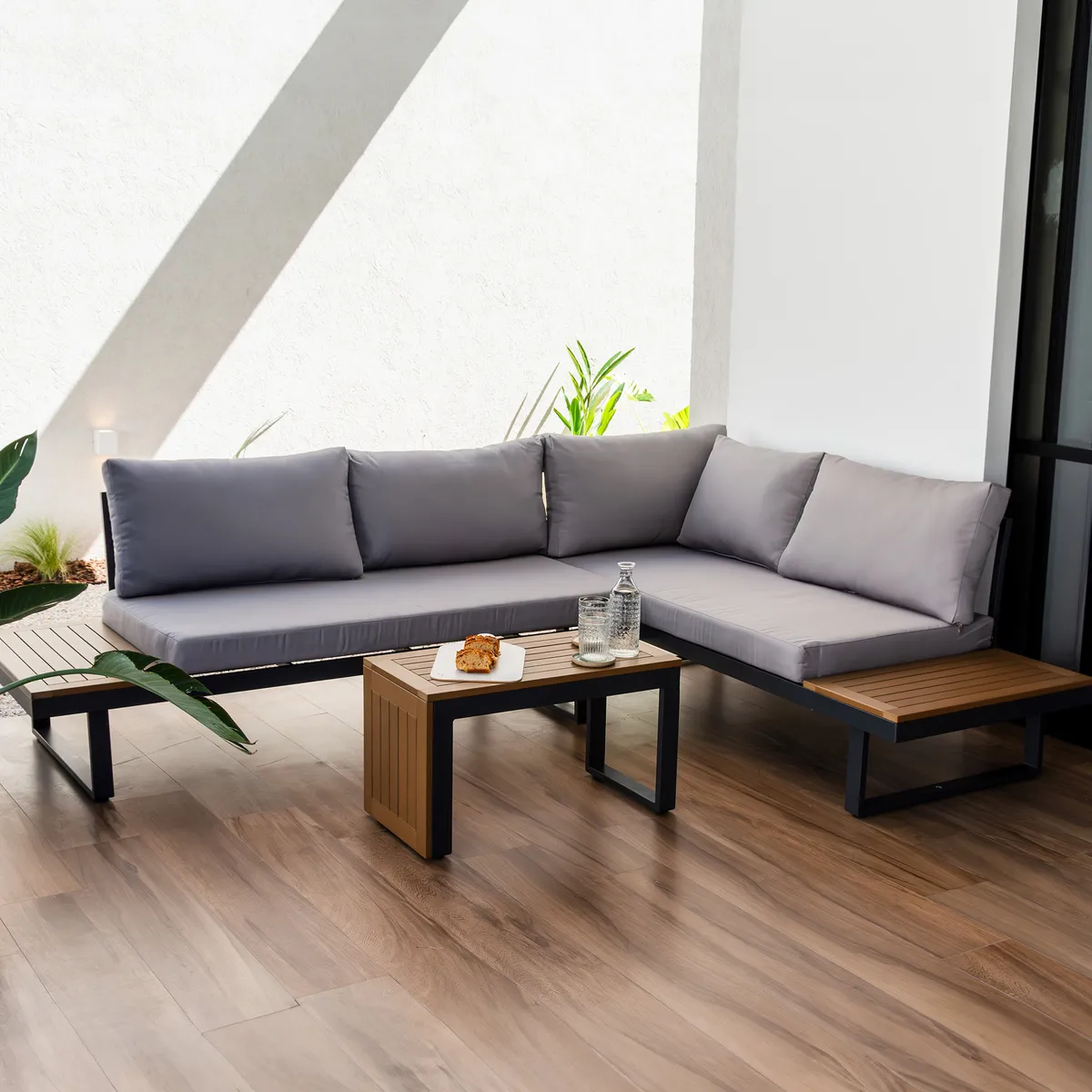 RELAN - Juego de Terraza Living Exterior Relan Set de 2 Piezas Mesa y Sofá Seccional