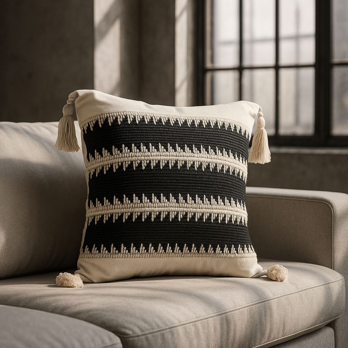 ARMONIA - Funda Boho Negra con Borlas Decorativa Estilo Bohemio 786