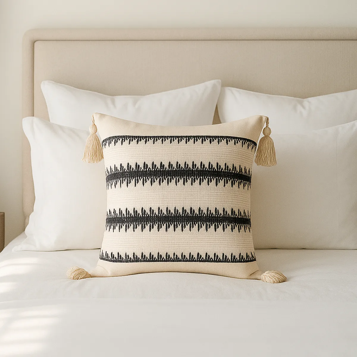 ARMONIA - Funda Beige Decorativa Boho con Borlas Elegante 786