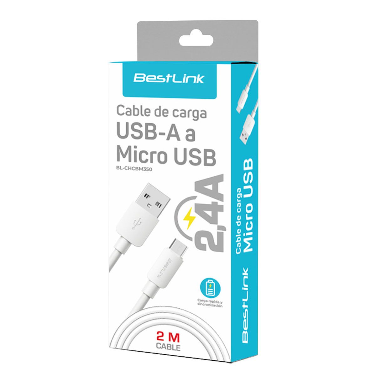 BESTLINK - CABLE MICRO USB A USB 2 MTS. BLANCO. CARGA RAPIDA