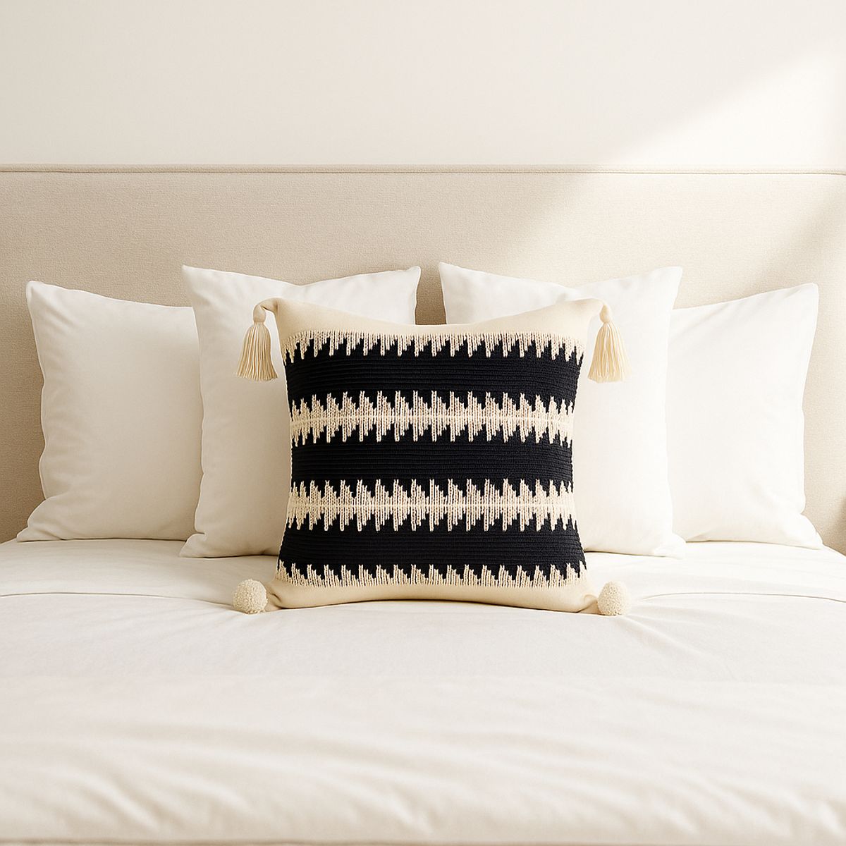 ARMONIA - Funda Boho Negra con Borlas Decorativa Estilo Bohemio 786