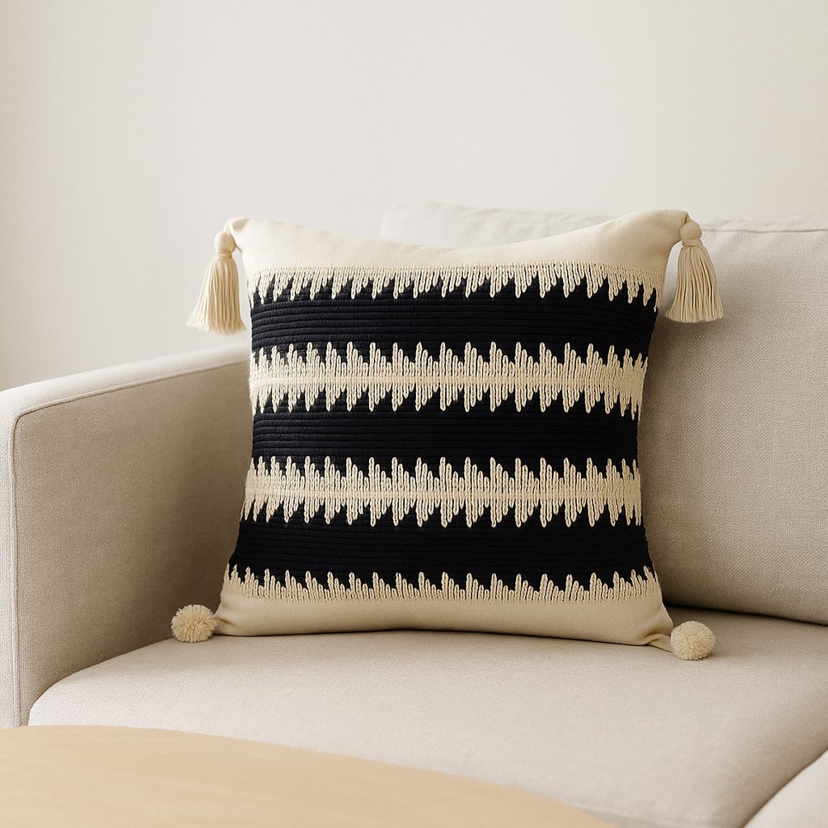 ARMONIA - Funda Negra Decorativa Boho con Borlas Elegante 786