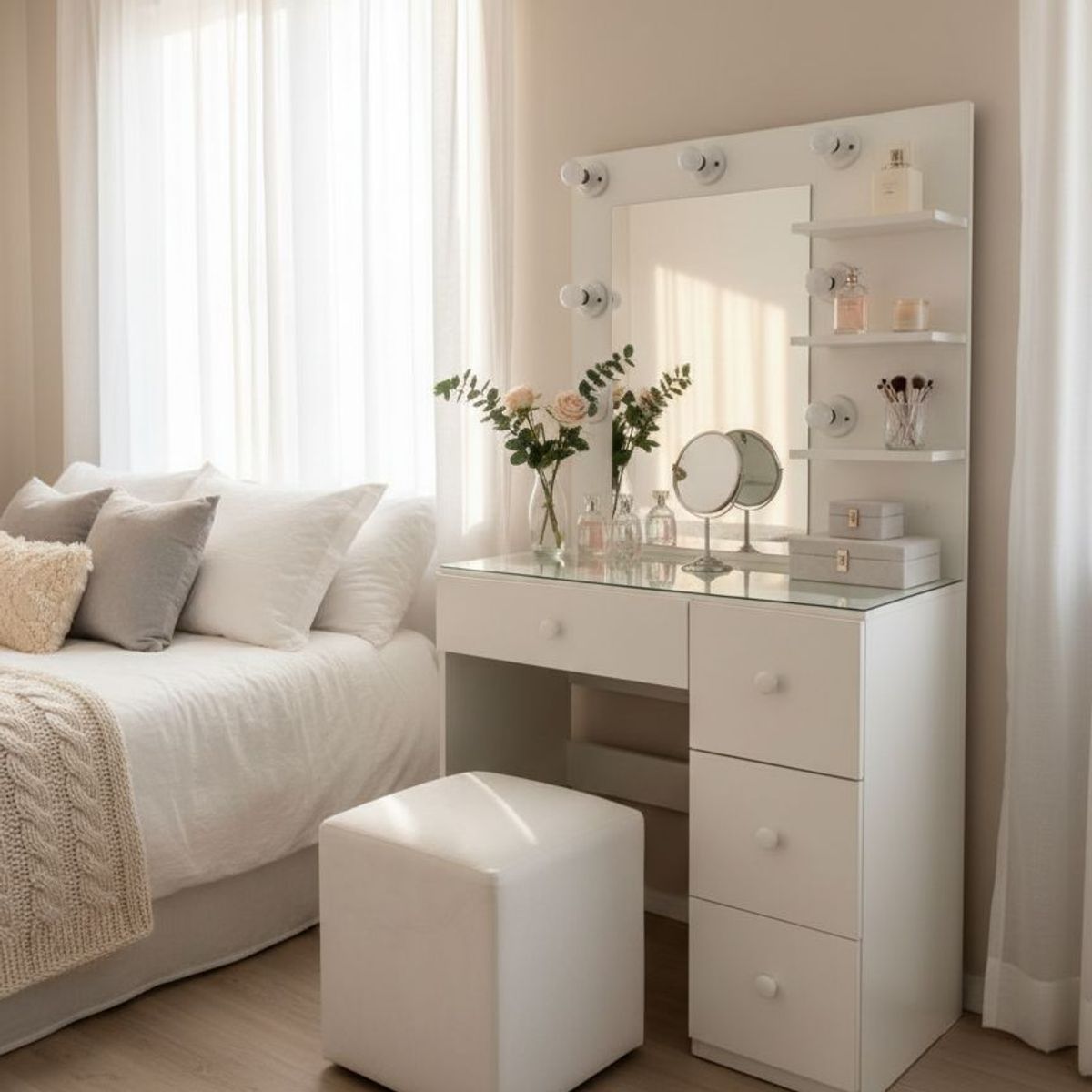 GENERICO - Tocador Hollywood Mediano Sydney con Espejo, Luces y puff – 4 Gavetas