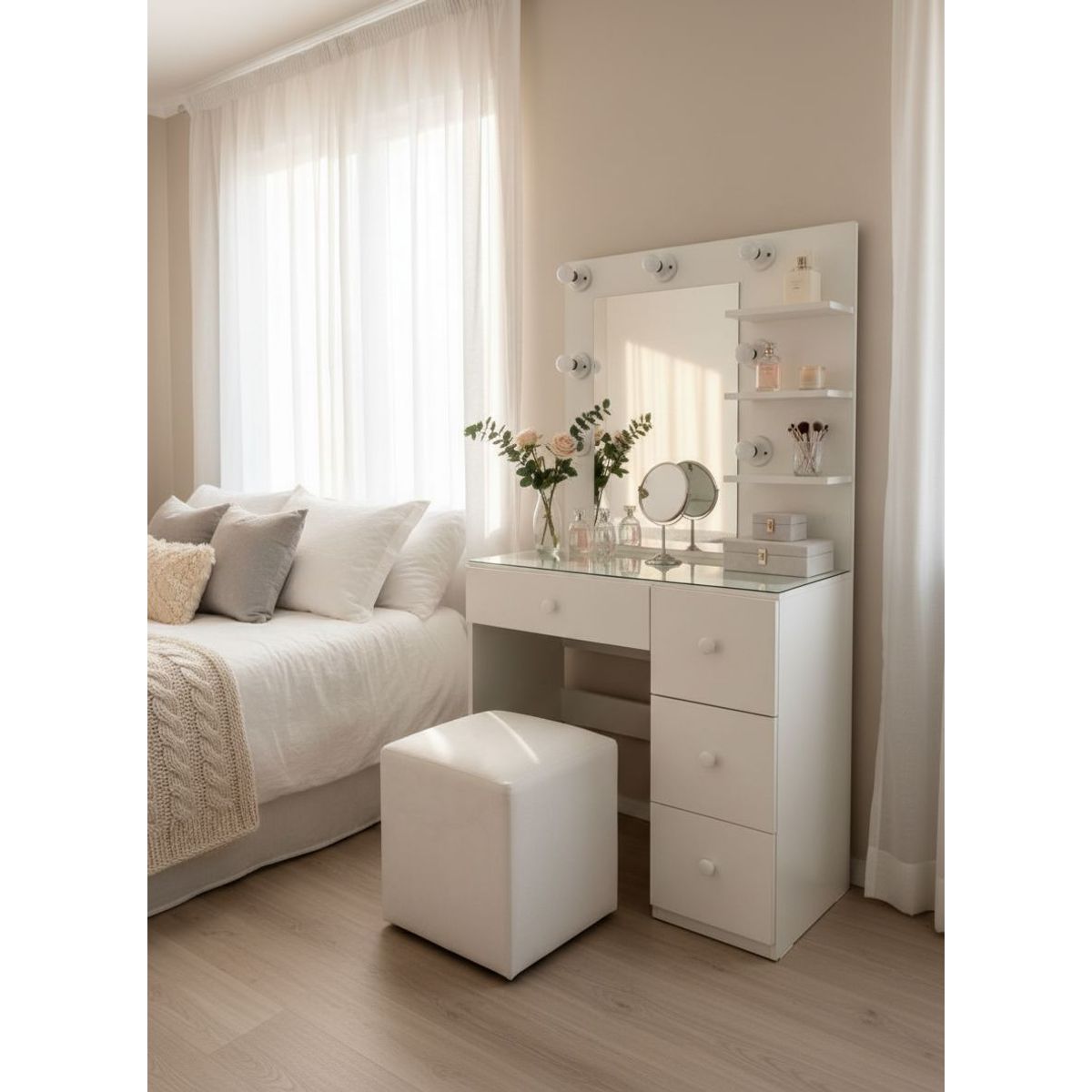 GENERICO - Tocador Hollywood Mediano Sydney con Espejo, Luces y puff – 4 Gavetas