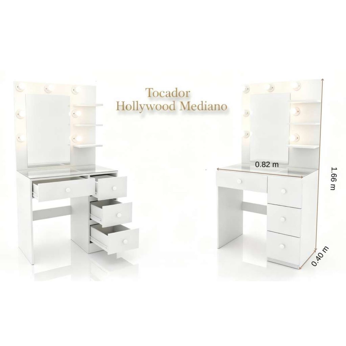 GENERICO - Tocador Hollywood Mediano Sydney con Espejo, Luces y puff – 4 Gavetas