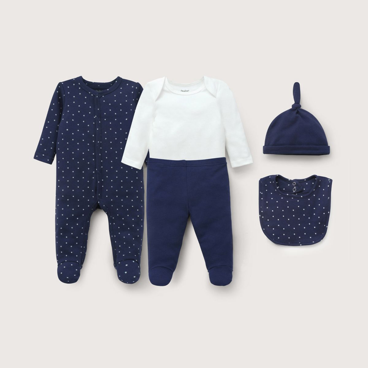 OPALINE - Conjunto 5 piezas azul con estrellas de bebé niño