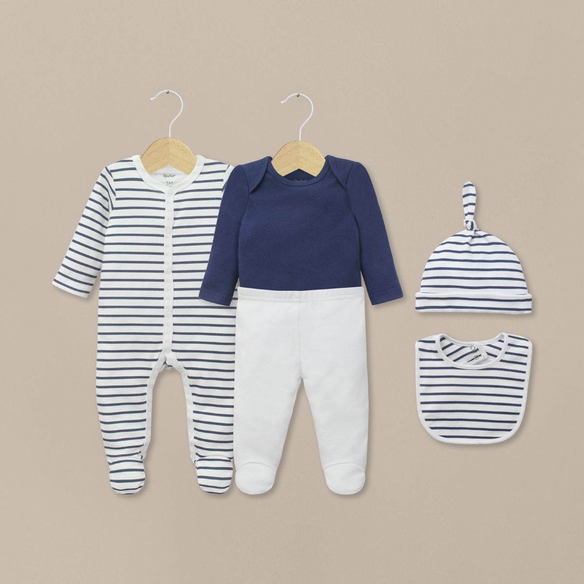 OPALINE - Conjunto 5 piezas azul con lineas de bebé niño