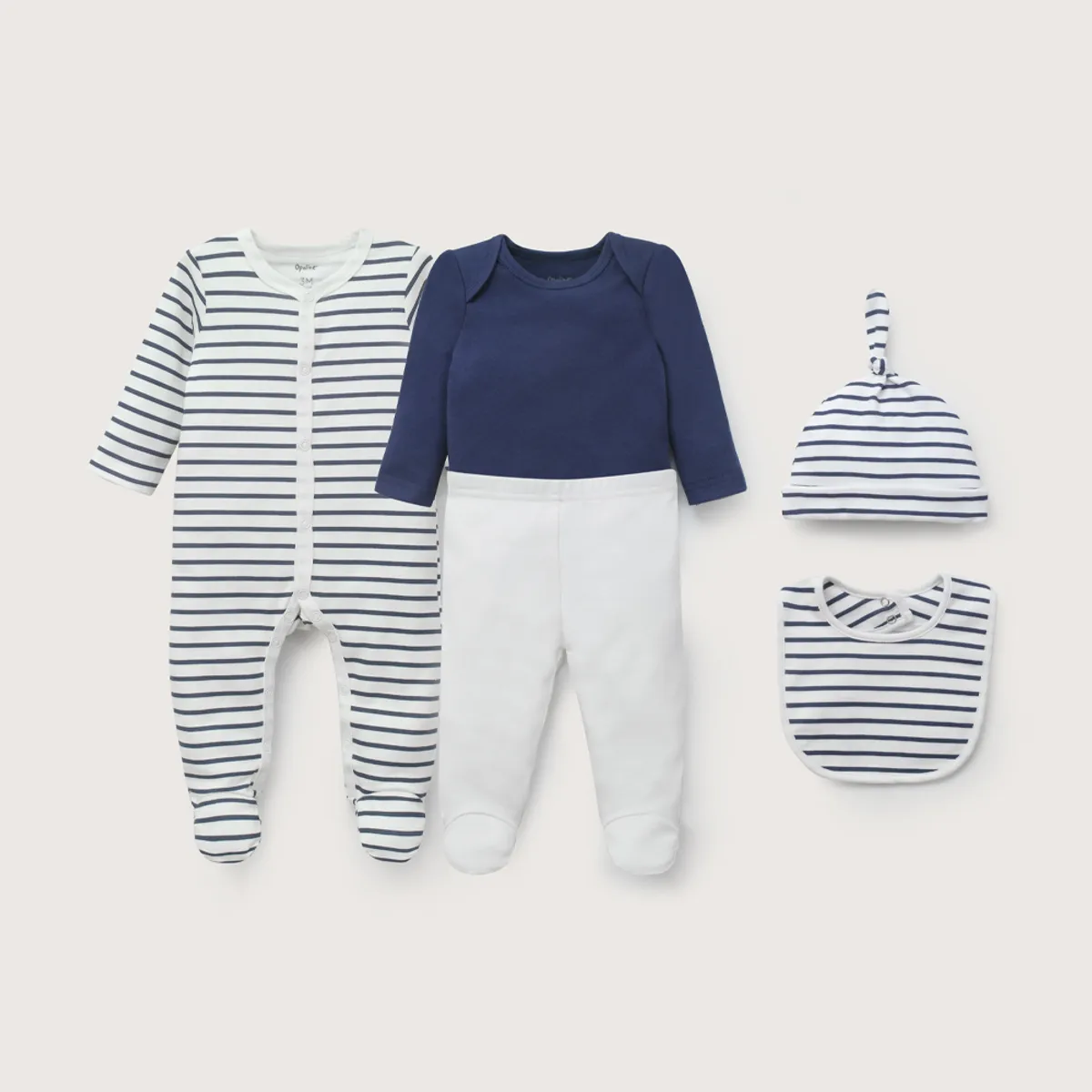 OPALINE - Conjunto 5 piezas azul con lineas de bebé niño