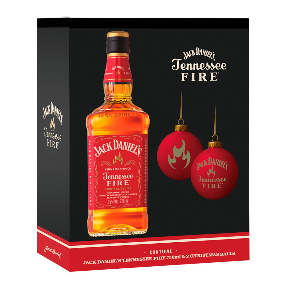 JACK DANIELS - Whiskey Jack Daniels Fire 750cc + 2 Esferas Navideñas