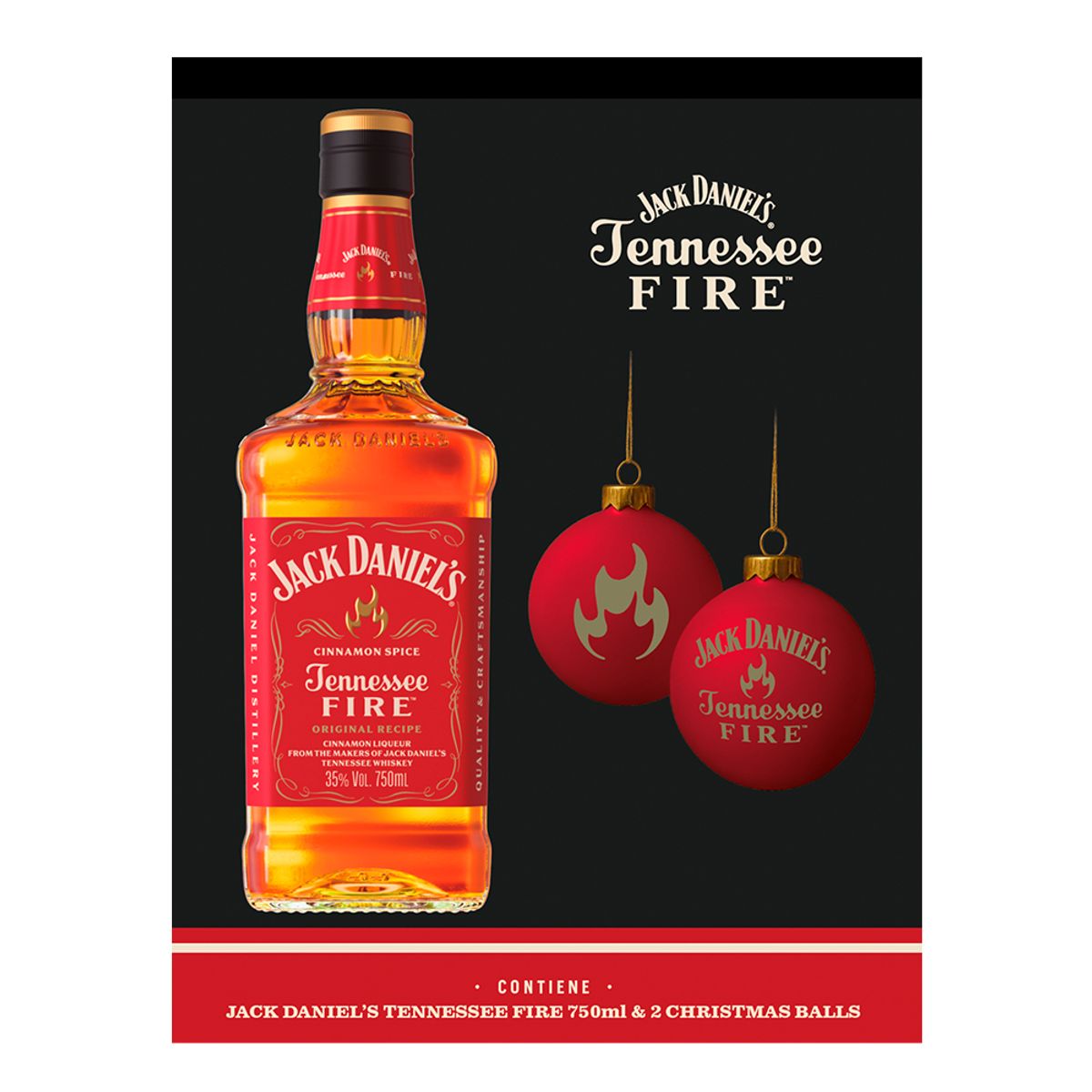 JACK DANIELS - Whiskey Jack Daniels Fire 750cc + 2 Esferas Navideñas