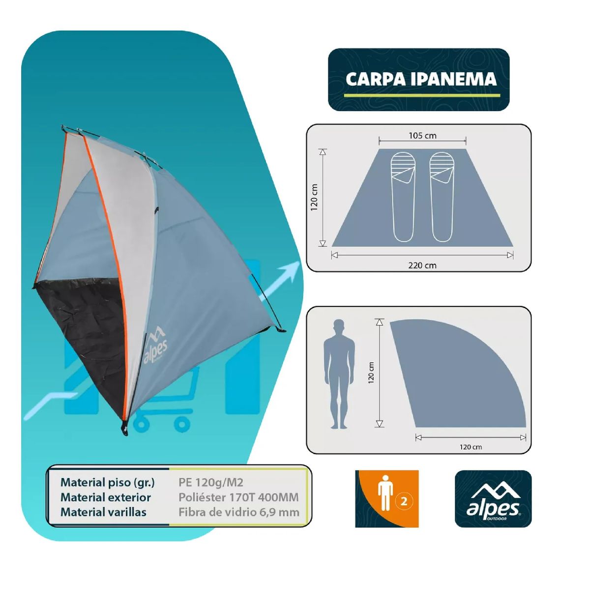 ALPES - Carpa Playa Camping Alpes Paraviento 2 Personas Proteccion Azul