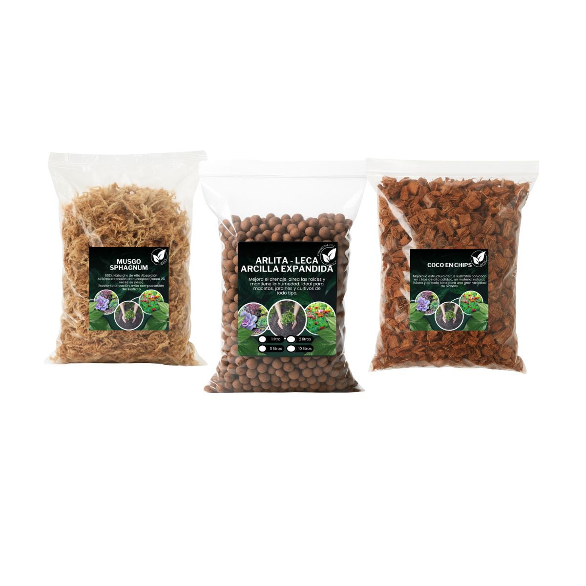 GENERICO - Pack Sustratos  Leca 2L + Chips Coco 2L- Musgo Sphagnum  2L ideal para Orquídeas