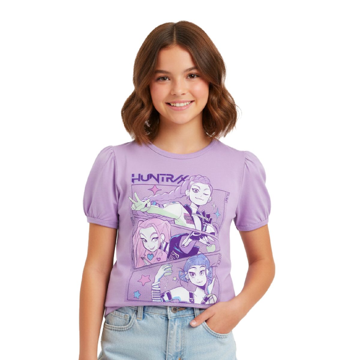 KPOP DEMON HUNTERS - Polera Manga Corta Niña Band Morado Kpop Demon Hunters
