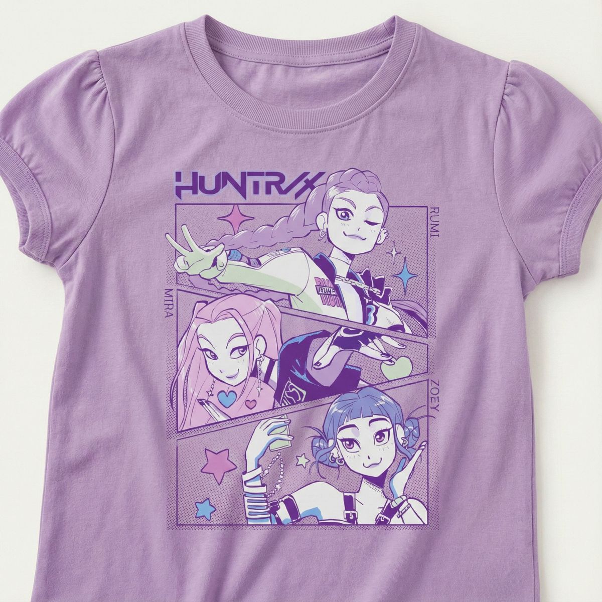 KPOP DEMON HUNTERS - Polera Manga Corta Niña Band Morado Kpop Demon Hunters