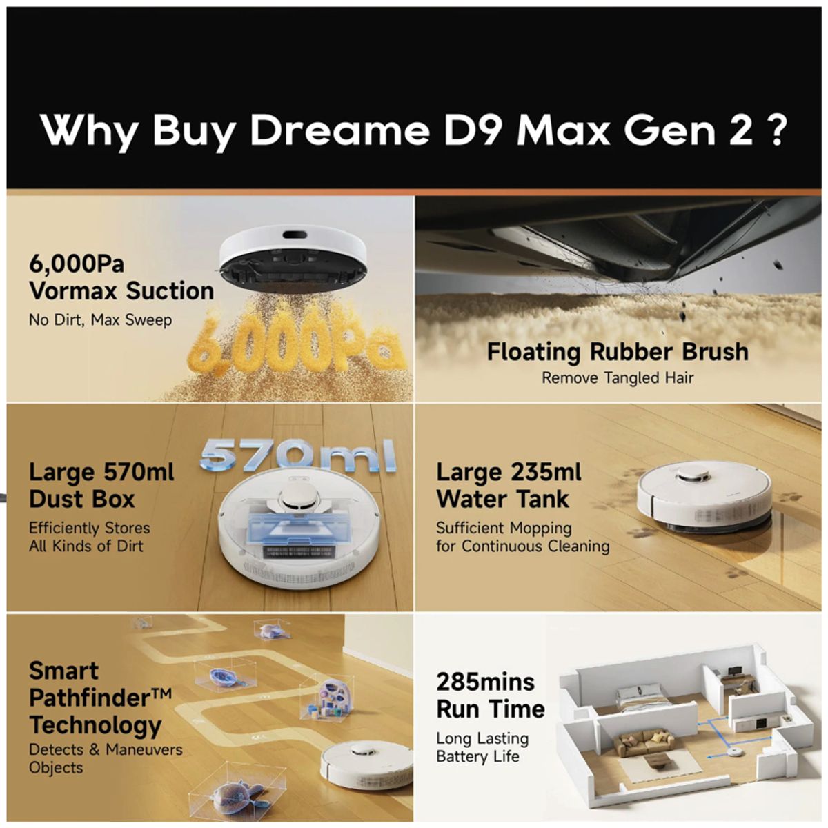 DREAME - Dreame D9 Max Gen 2 Robot Aspiradora Color Negro Succion 6000PA