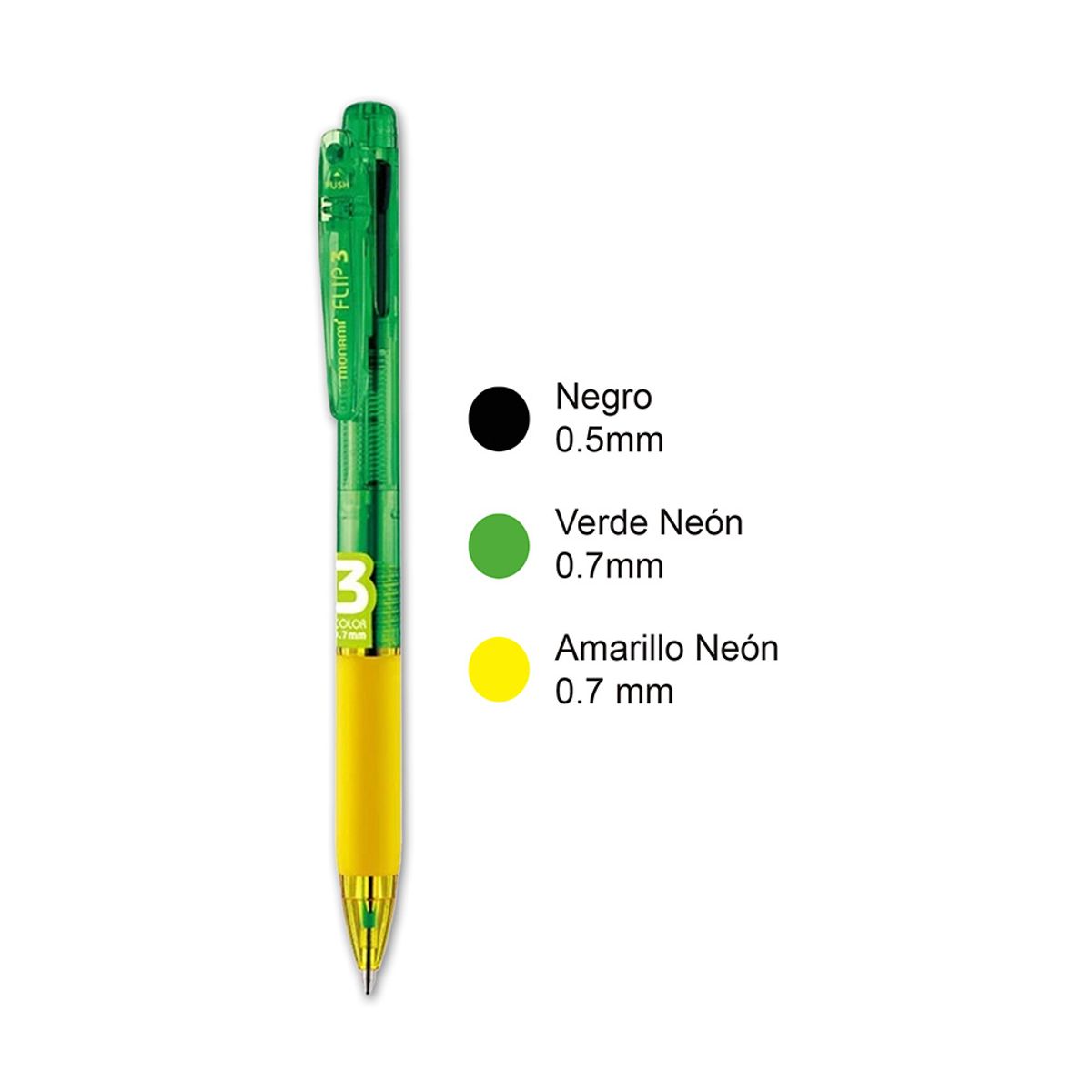 MONAMI - Lápiz Multicolor Monami Flip 3 Neón Negro Verde Amarillo
