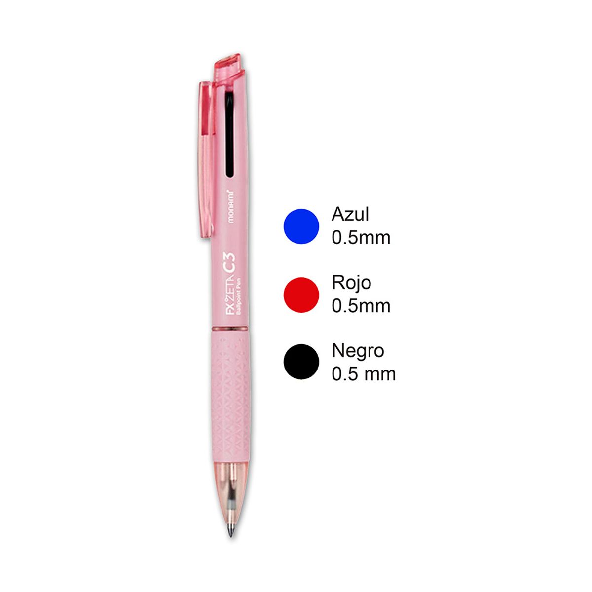 MONAMI - Lápiz Pasta Multicolor Monami FX Zeta C3 05mm Cuerpo Rosado Tinta Azul Negro Rojo