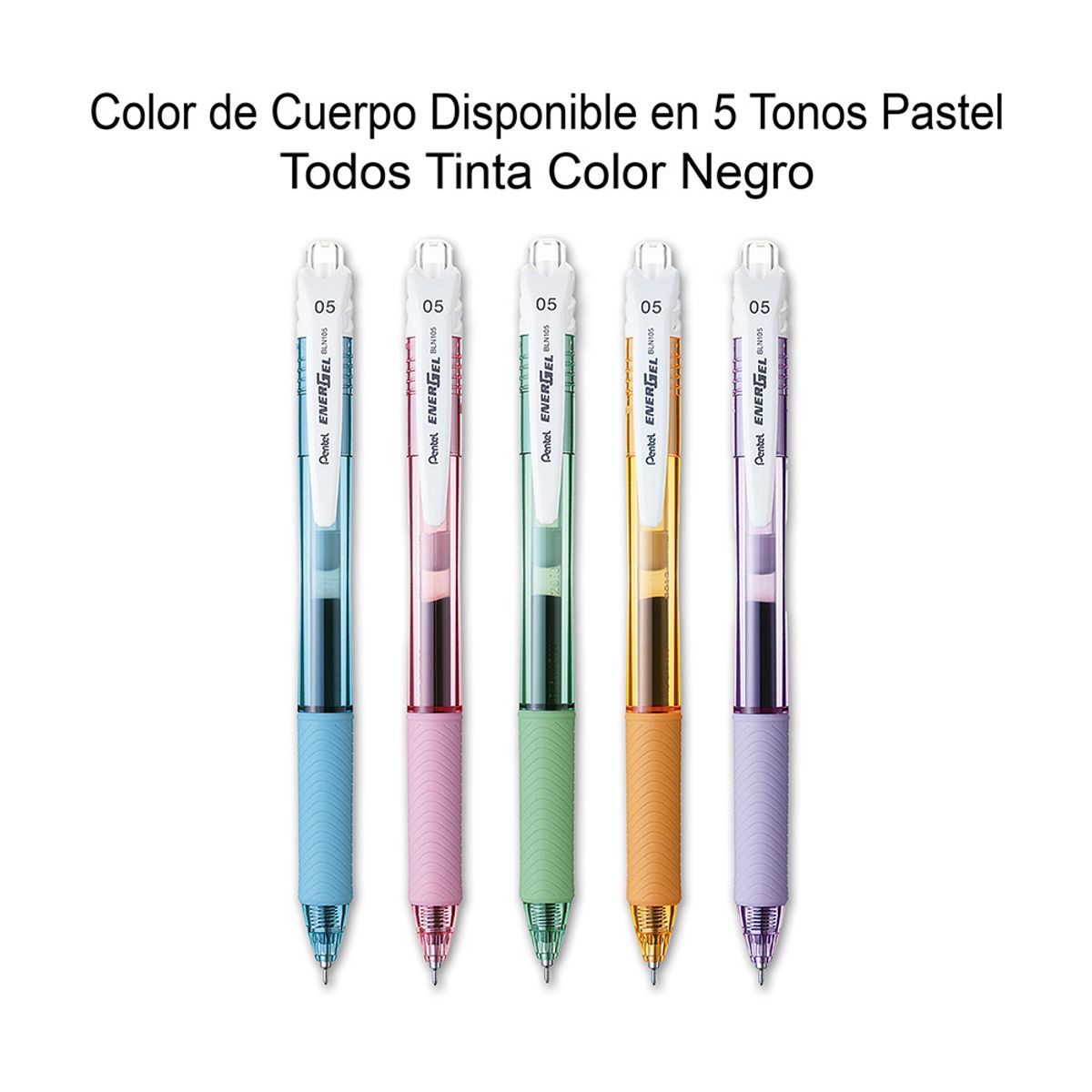 PENTEL - Set 5 Lápiz Ener Gel X Retráctil 05mm Pentel Cuerpo Pastel Tinta Negra