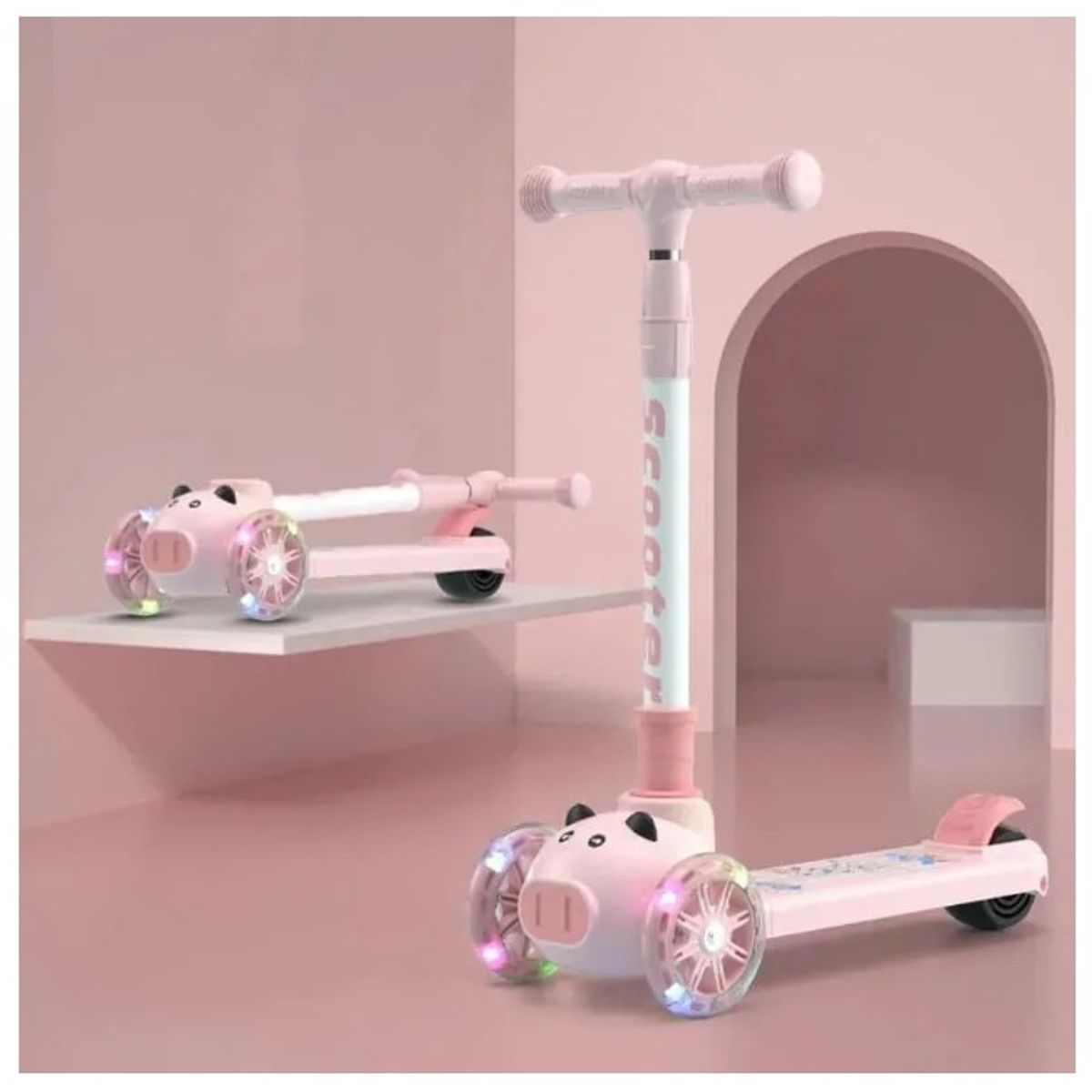 GENERICO - Scooter ROSADO Monopatín 3 Ruedas cerdito Ajustable Con Ruedas Luces