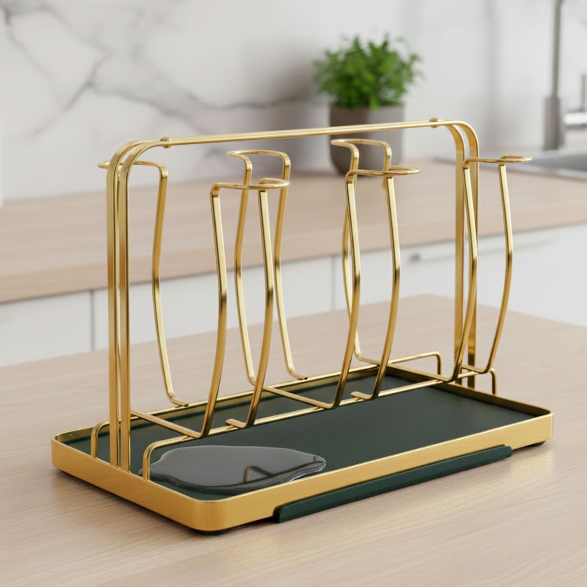 GENERICO - Escurridor Metalico Dorado Para 6 Vasos Con Bandeja Base