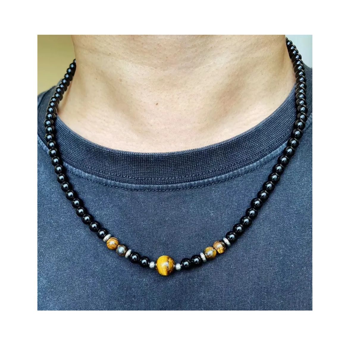 GENERICO - Collar Piedra Onix Y Ojo De Tigre Browm Hombre Moda M1
