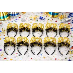 GENERICO - Pack 12 Cintillos Cotillon Ano Nuevo Dorado Negro Plastico