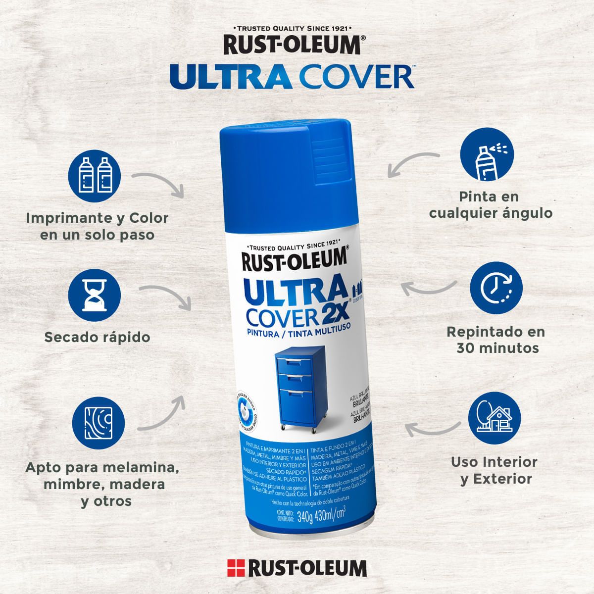 RUST OLEUM - Pintura en Spray Ultra Cover 2X Multiuso Azul Marino Brillante 340 g