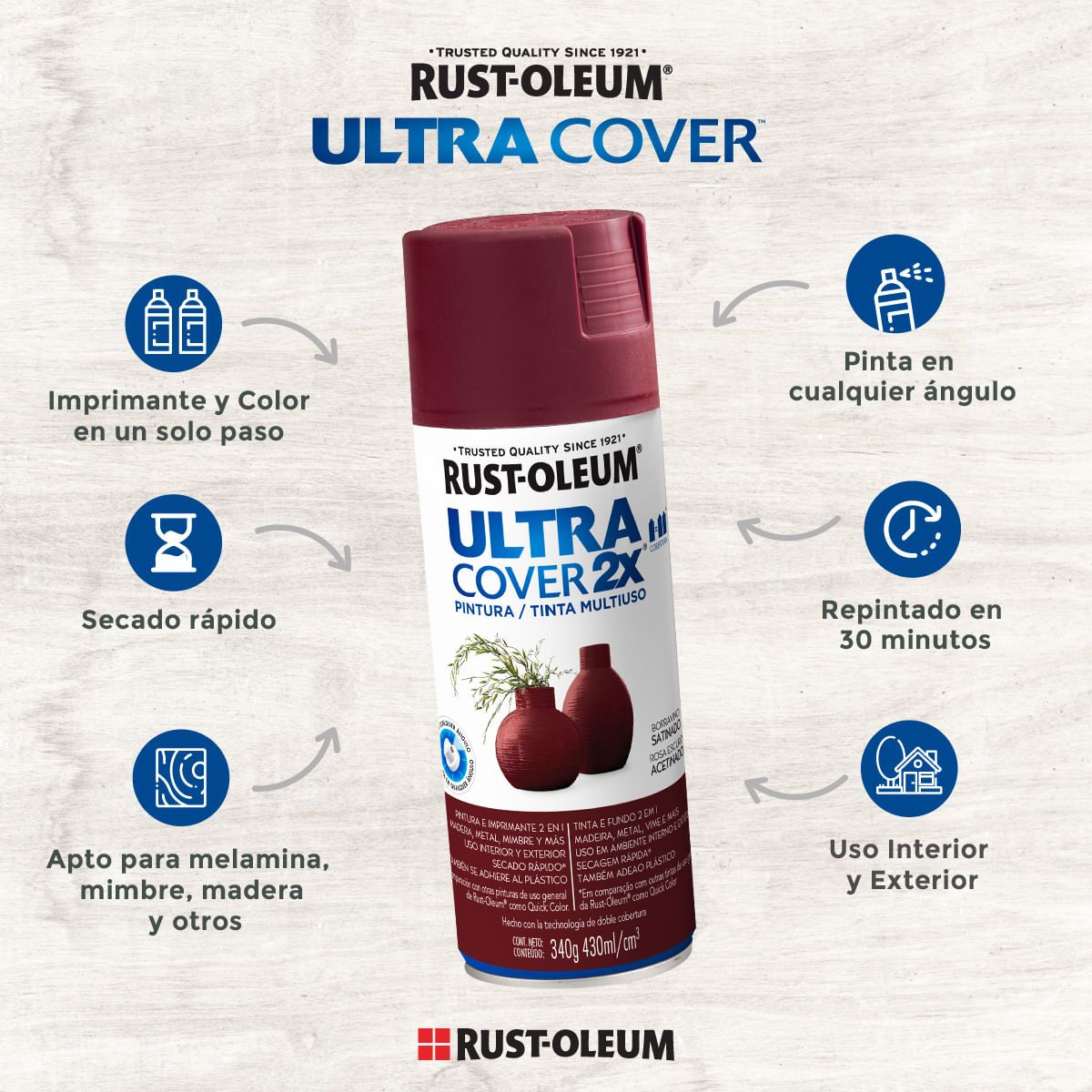 RUST OLEUM - Pintura en Spray Ultra Cover 2X Multiuso Transparente Satinado 340 g