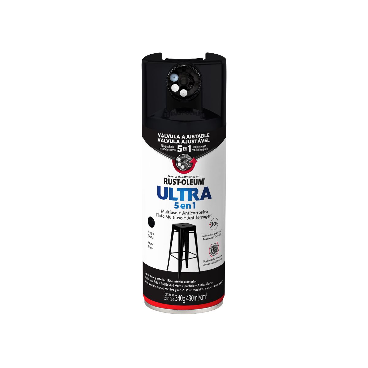 RUST OLEUM - Pintura en Spray Ultra 5 en 1 Multisuperficie Anticorrosiva Negro Mate 340 g